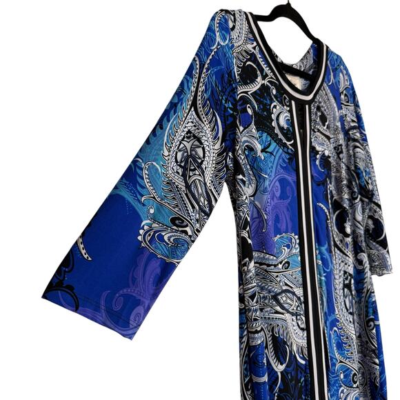 NWT Beige by ECI Blue & Black Paisley print stretch 3/4 sleeve dress Size 10 - Picture 4 of 8